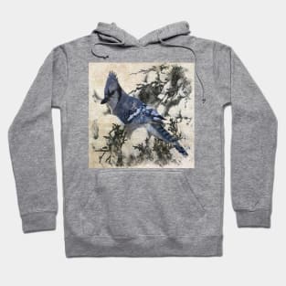 primitive christmas snow pine tree blue jay bird Hoodie